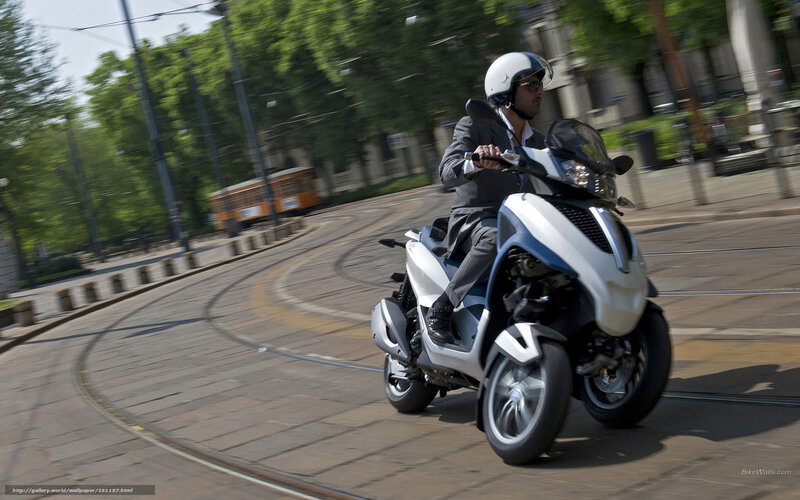 Man Riding Scooter — White, Dynamic, Afternoon, Photograph, Trolleybus