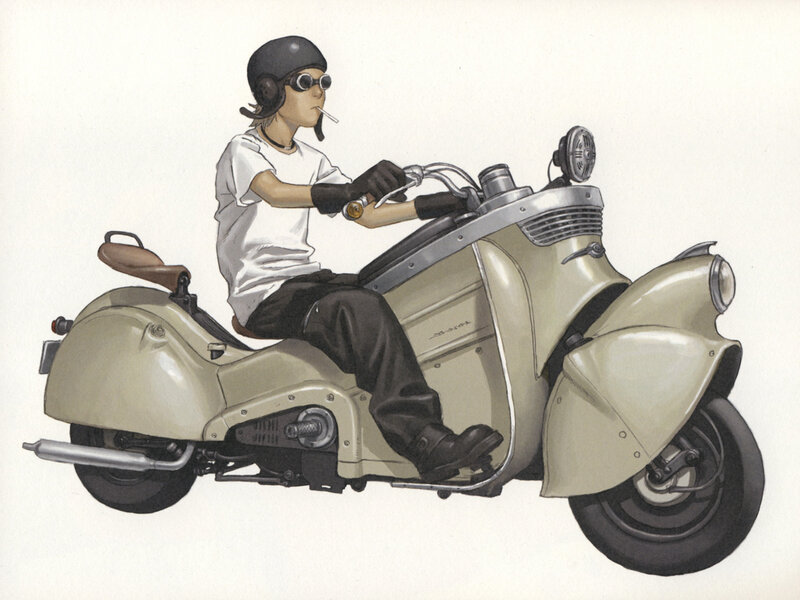 man riding vintage scooter