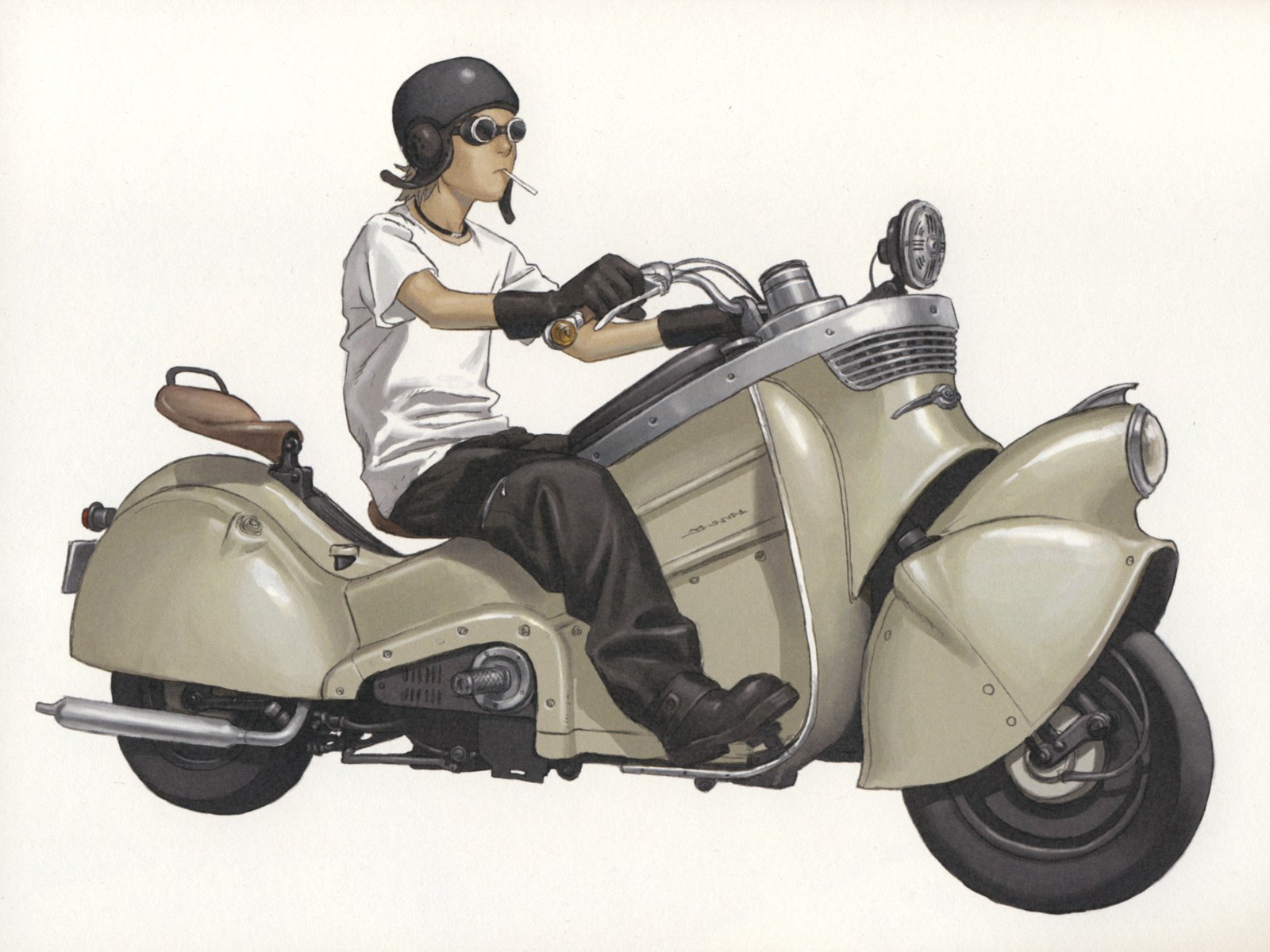 man riding vintage scooter