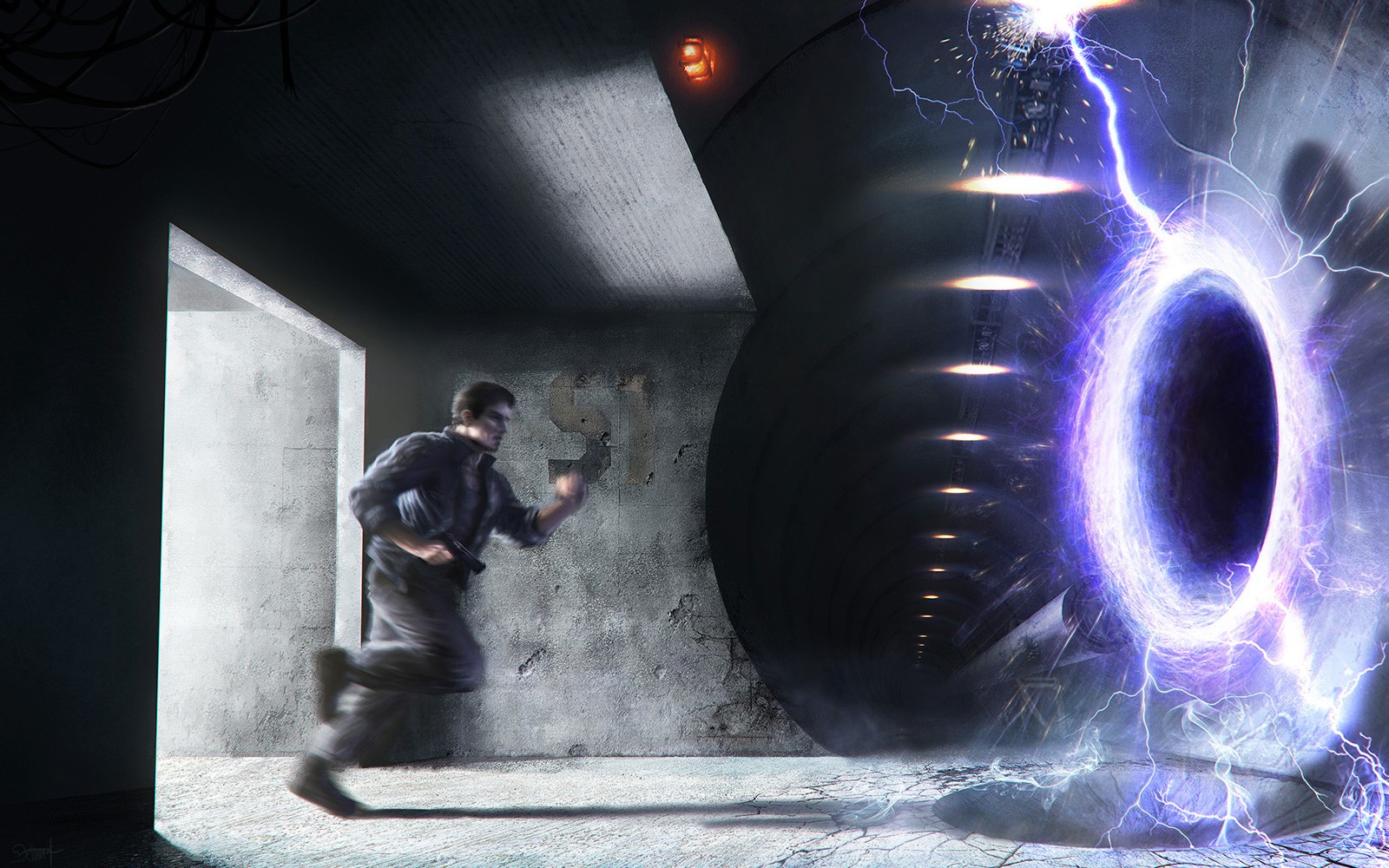 man running from portal