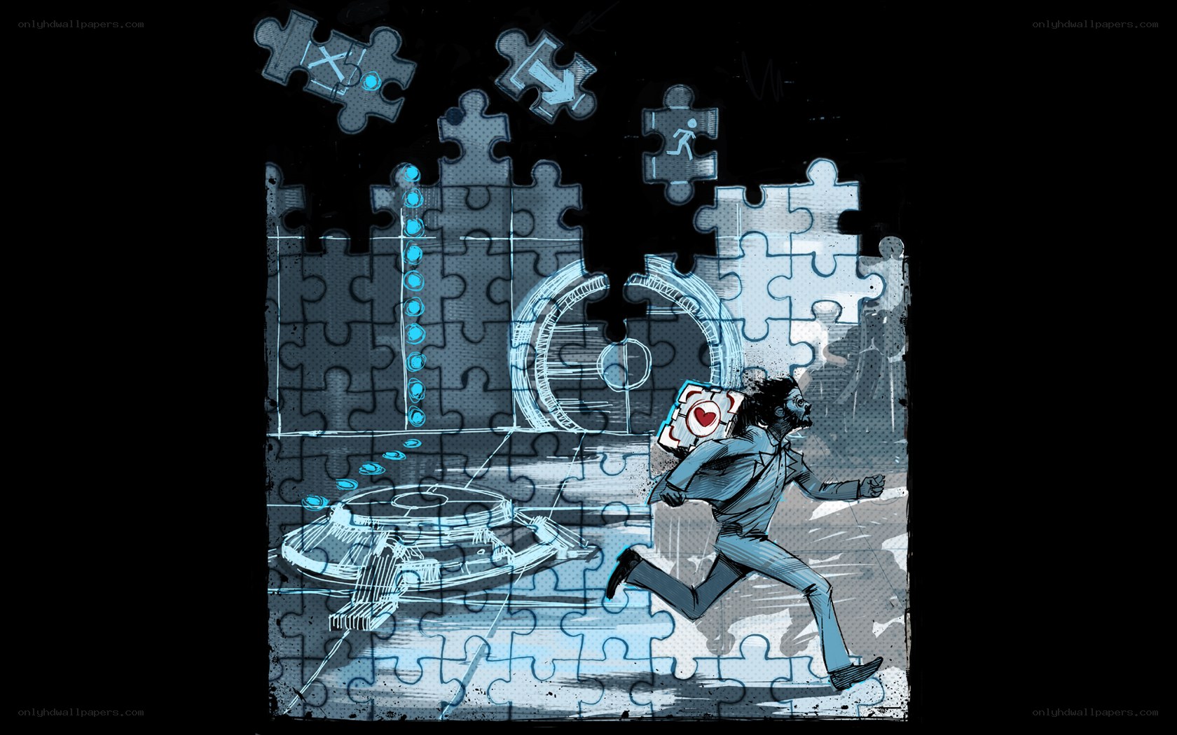 Man running from puzzle pieces