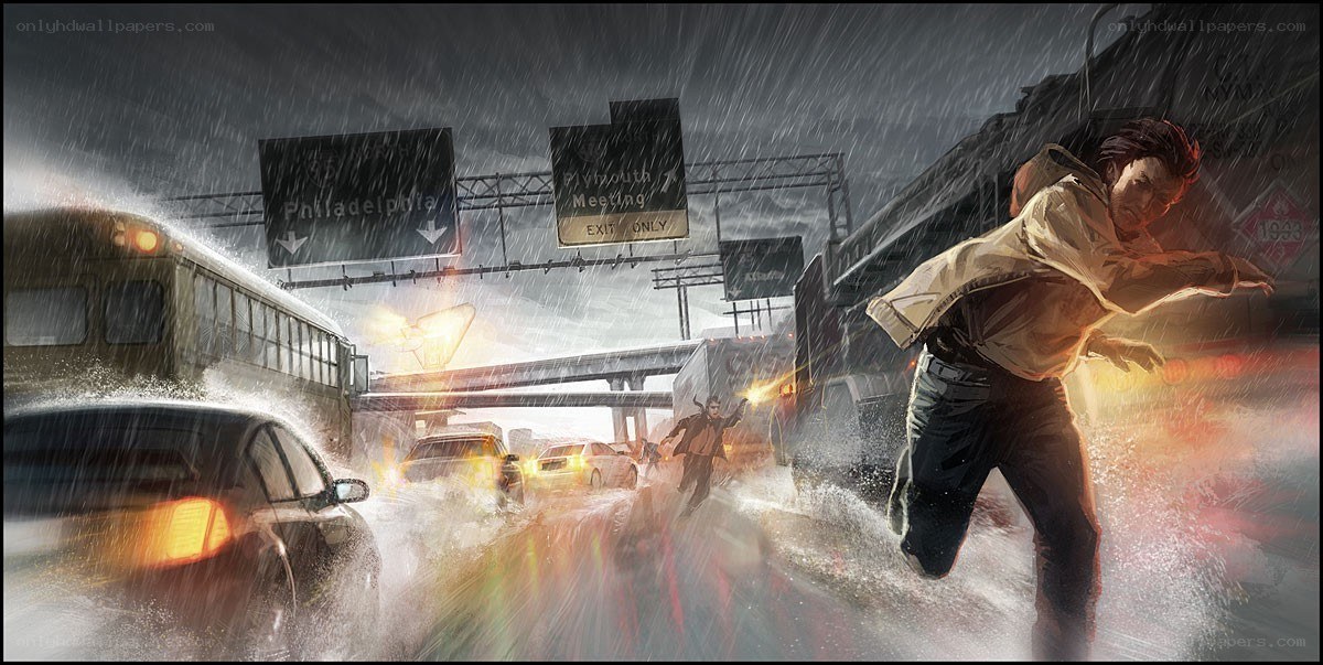 Man running in a storm on highway