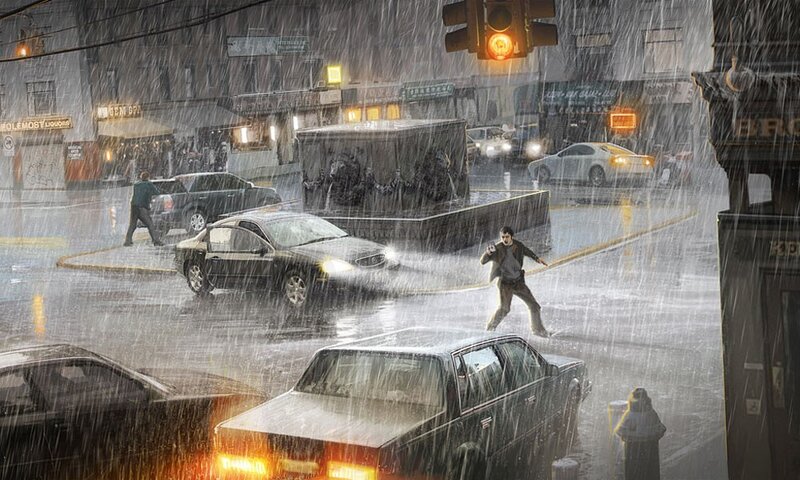 Man running in rain on city street