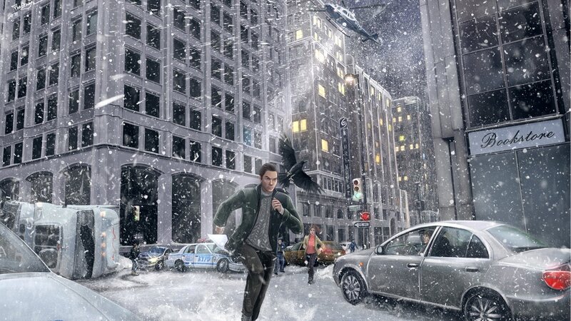Man running in snowy city