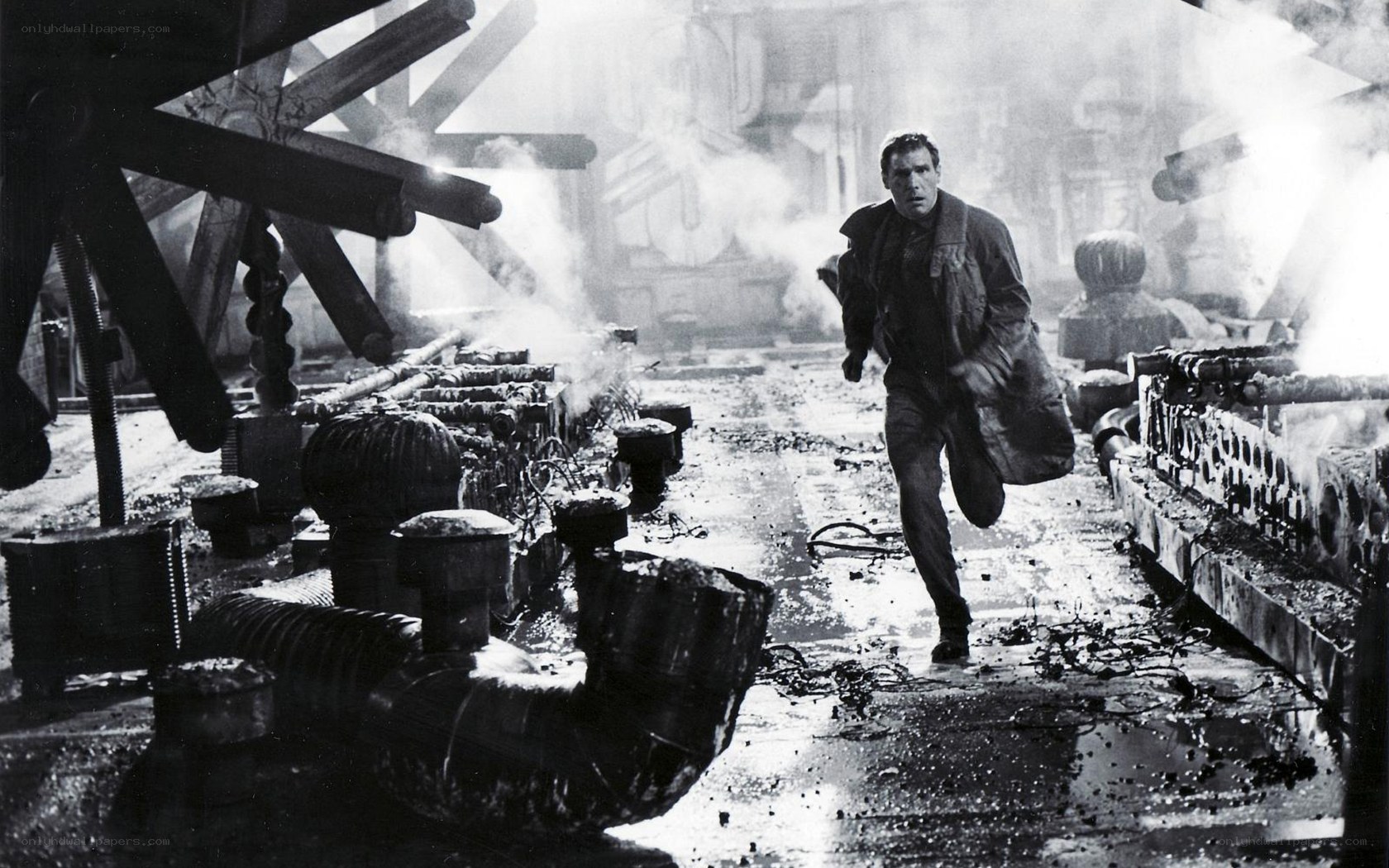 man running through industrial ruin
