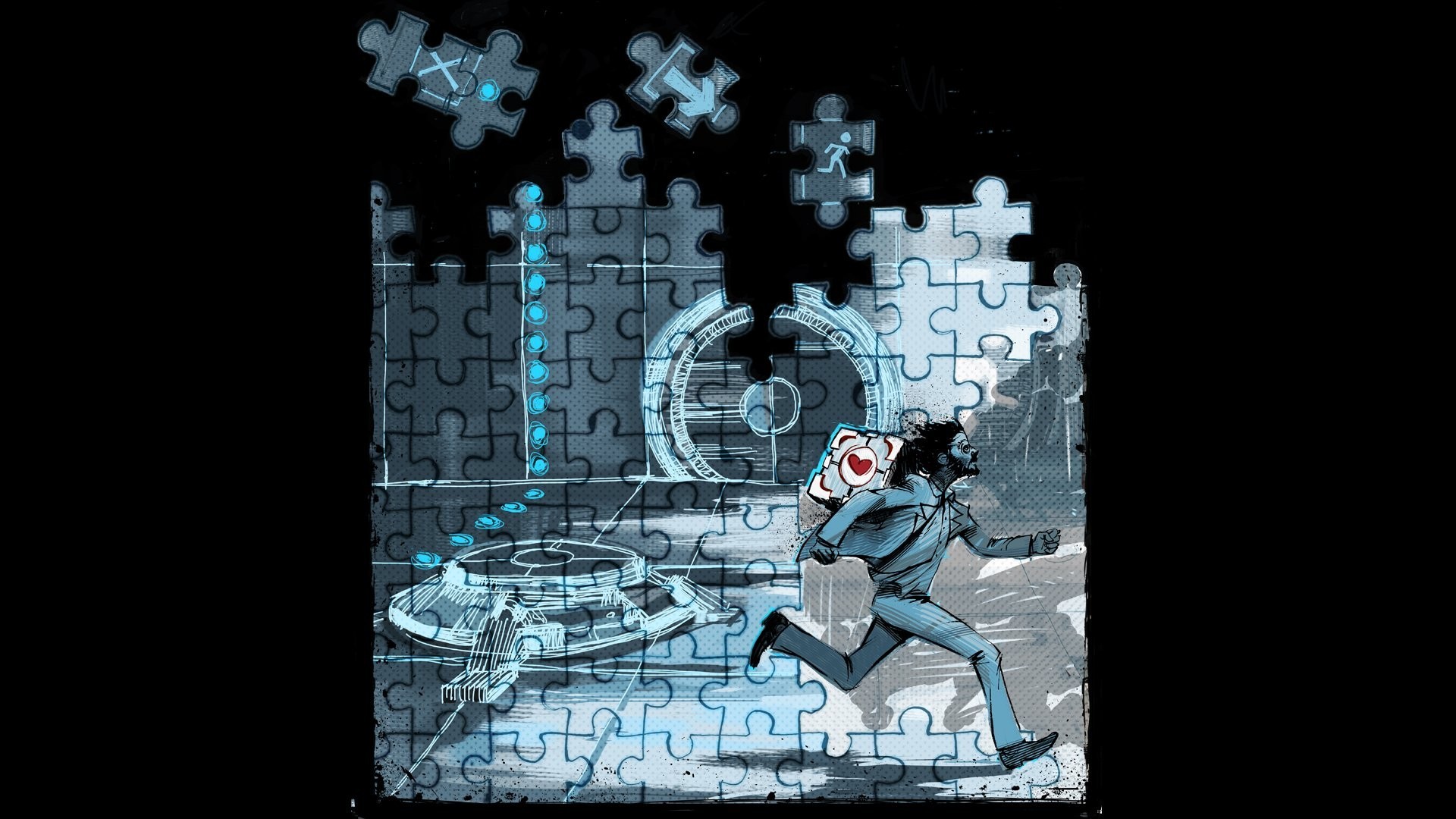 man running through puzzle world