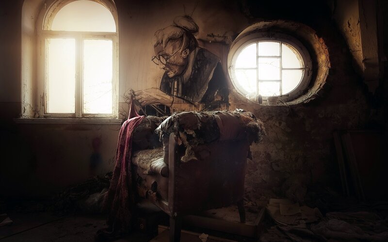 Man Sewing in Ruin