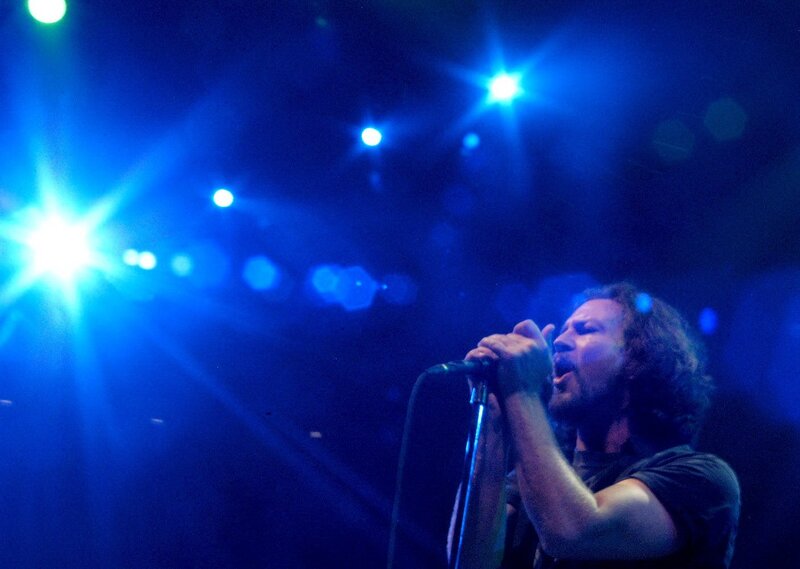 Man Singing into Microphone — Blue, Dramatic, Night, Photograph, Stage Lights, Concert