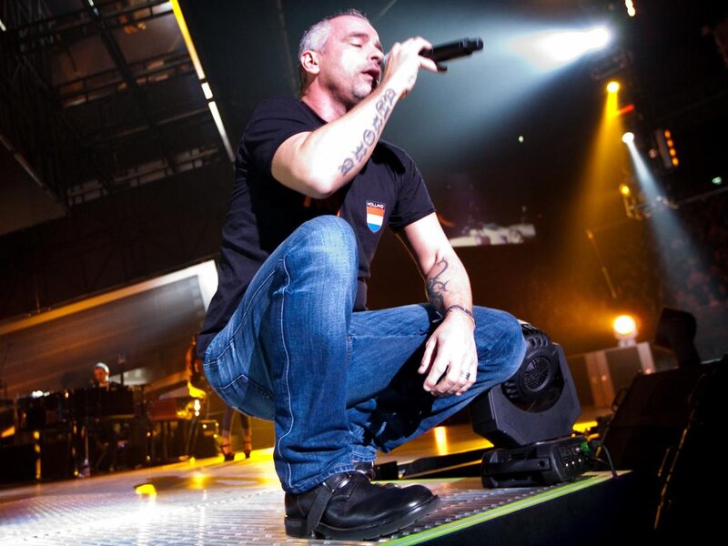 Man Singing on Stage — Black, Dramatic, Night, Photograph, Microphone, Stage Lights