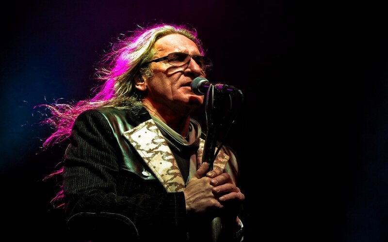 Man Singing on Stage — Black, Dramatic, Night, Photograph, Microphone