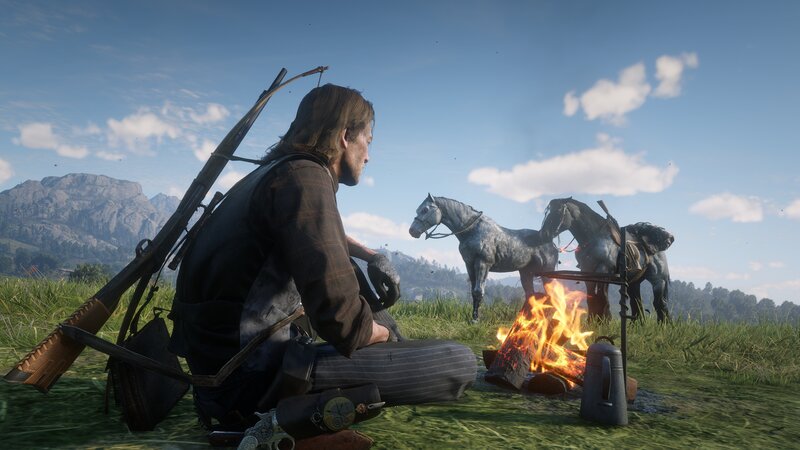 Man Sitting by Campfire — Green