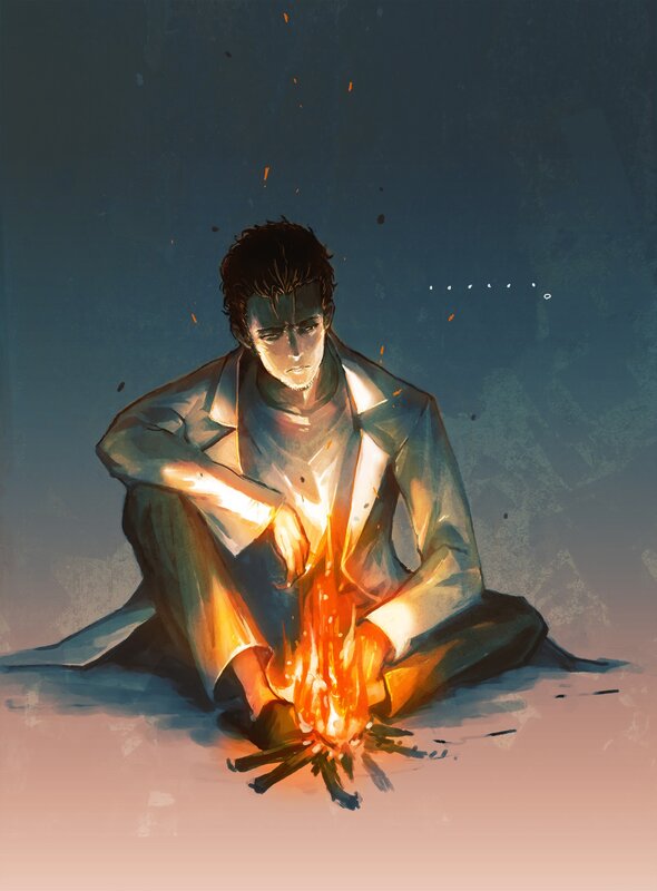 Man Sitting by Fire
