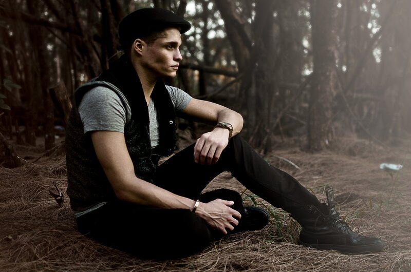 Man Sitting in Forest — Black, Contemplative