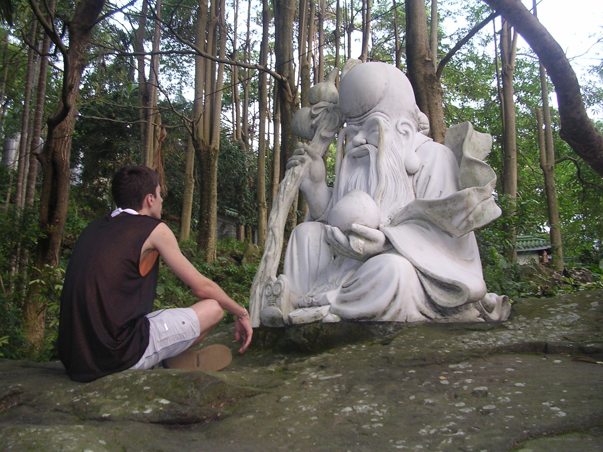 Man sitting near statue in forest