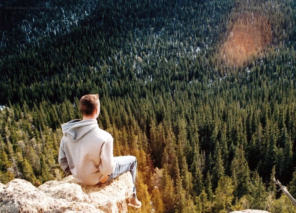 Man sitting on a cliff overlooking forest