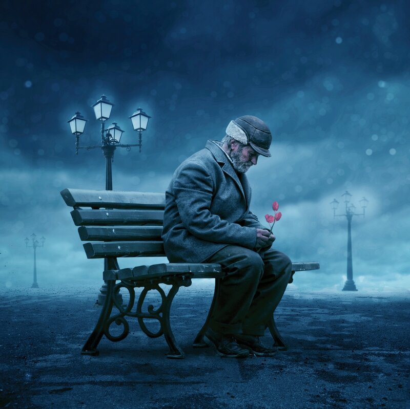 Man Sitting on Bench — Blue, Melancholic