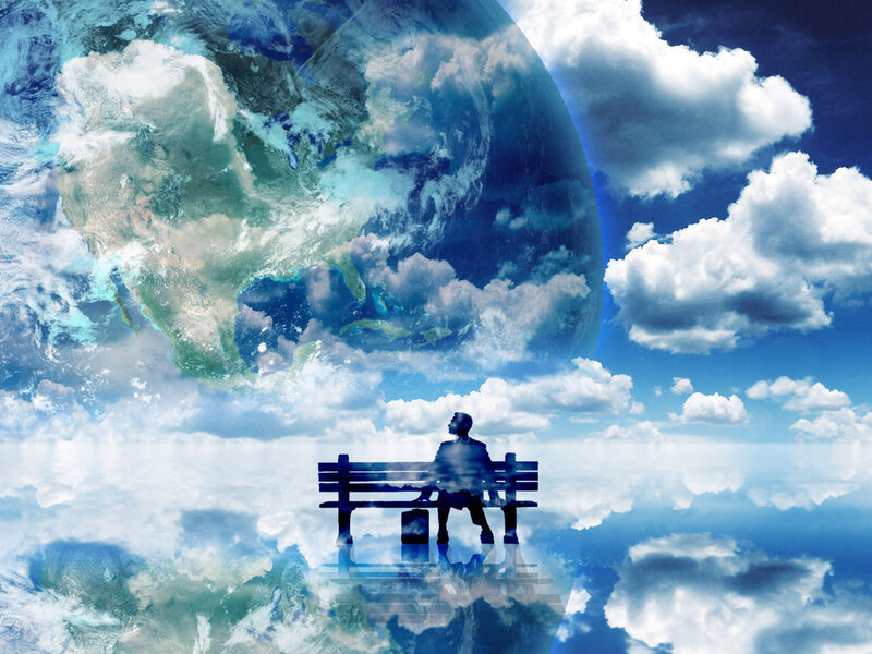 Man Sitting on Bench — Blue, Serene