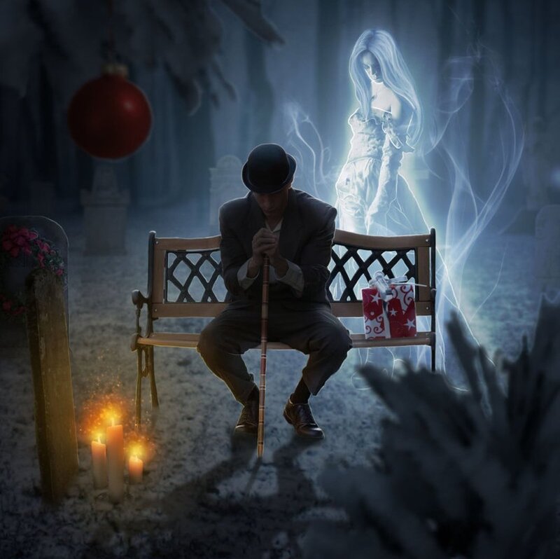 Man Sitting on Bench — Blue, Somber