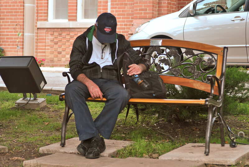 Man Sitting on Bench — Brown, Calm, Afternoon