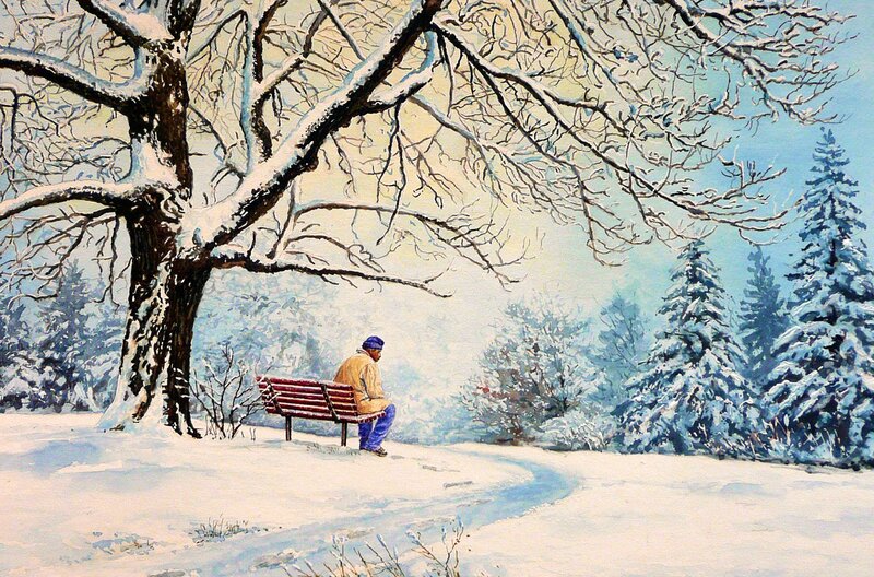 Man Sitting on Bench — White, Serene, Winter, Painting