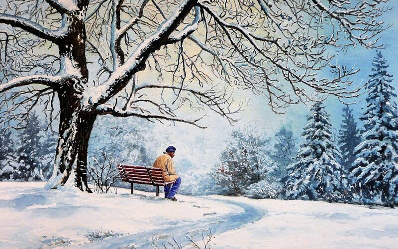 Man Sitting on Bench — White, Serene, Winter