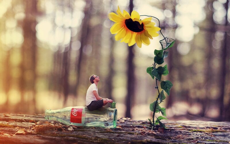 Man Sitting on Bottle — Yellow, Serene