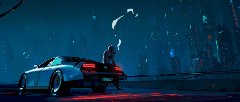 Man Sitting on Car — Blue