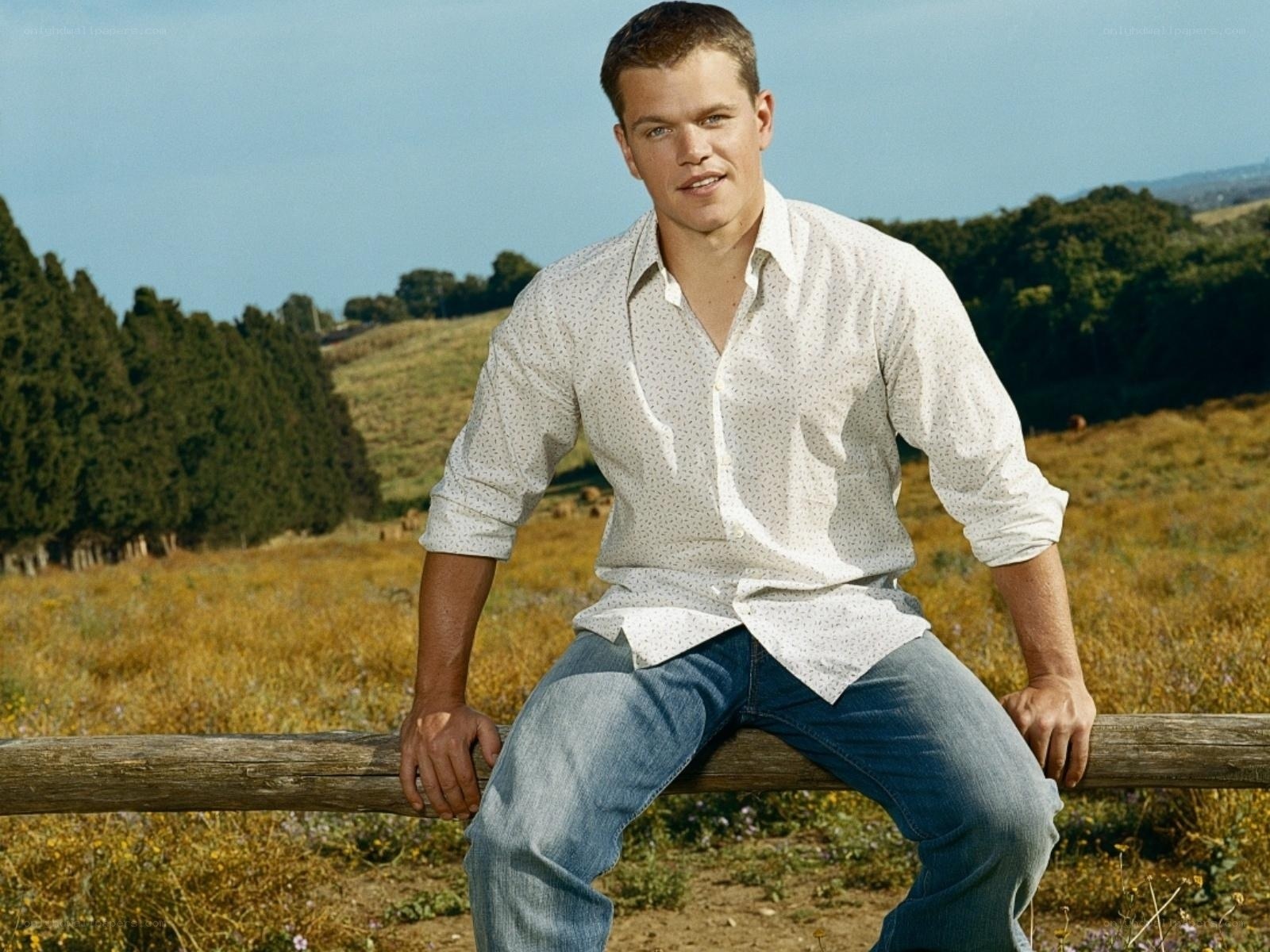 man sitting on fence in field