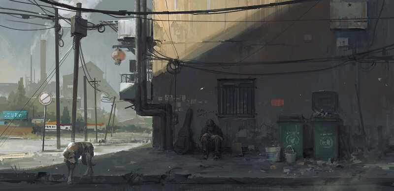 Man Sitting on Sidewalk — Gray, Dramatic
