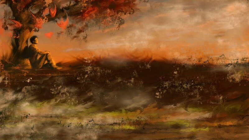 Man Sitting under Tree — Orange, Dramatic, Sunset