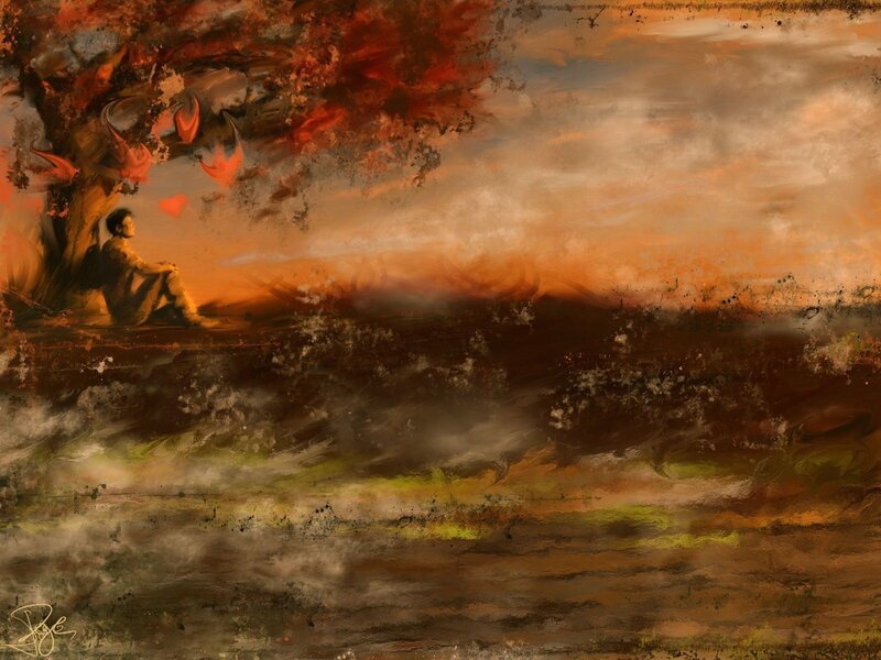 Man Sitting under Tree — Orange, Dramatic