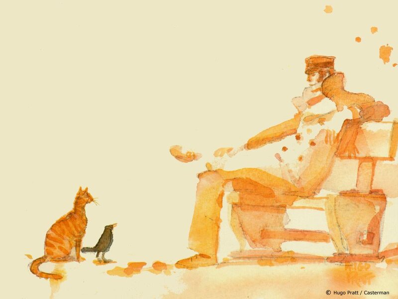 Man Sitting with Cat and Bird