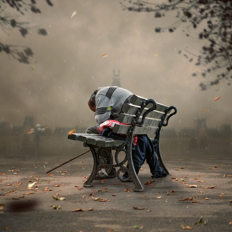 Man Sleeping on Bench — Gray