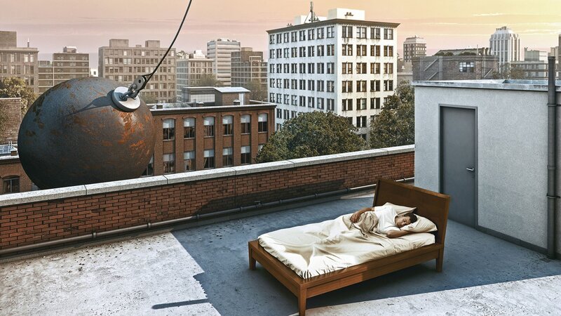 Man Sleeping on Rooftop — Gray