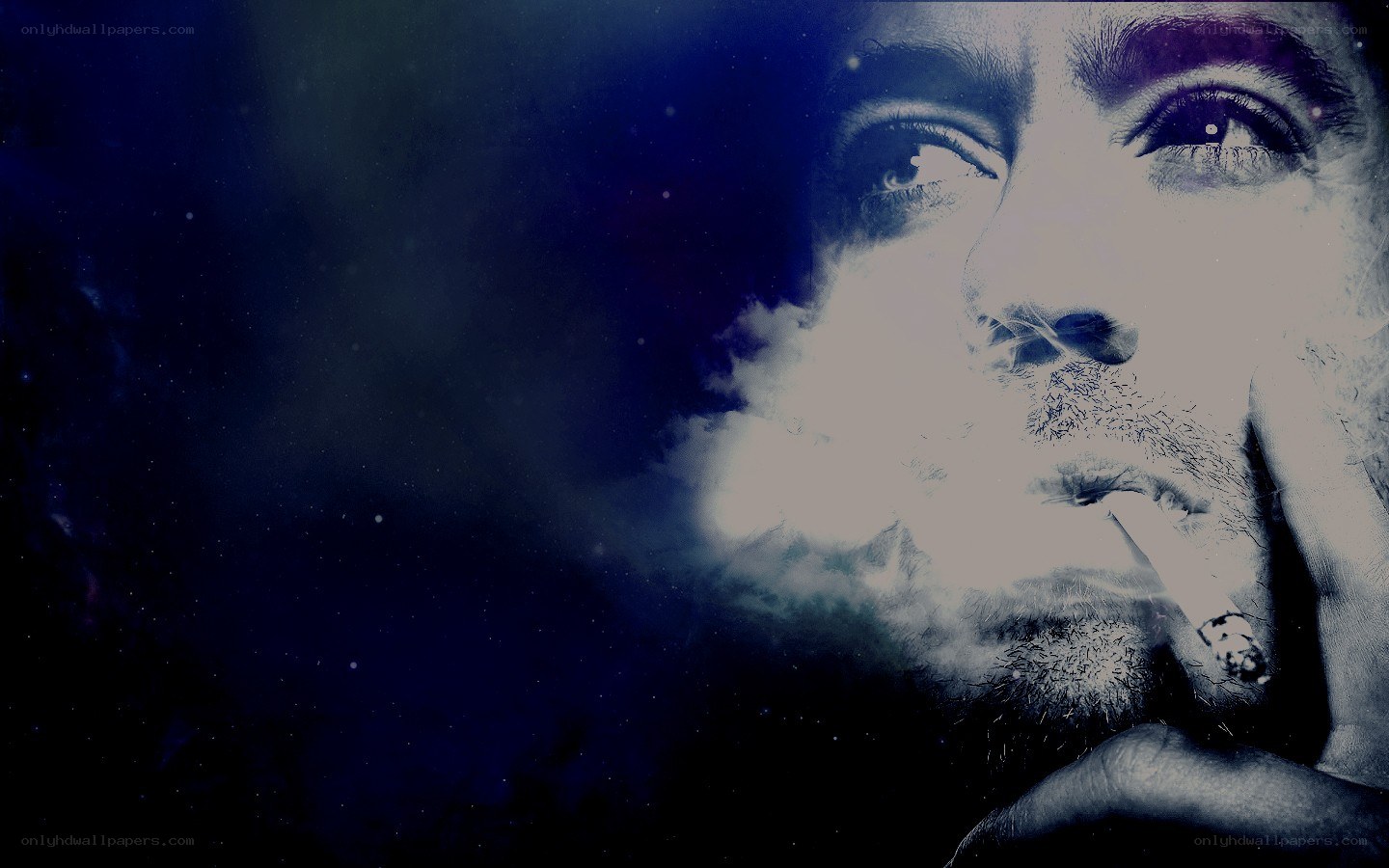 man smoking against starry sky