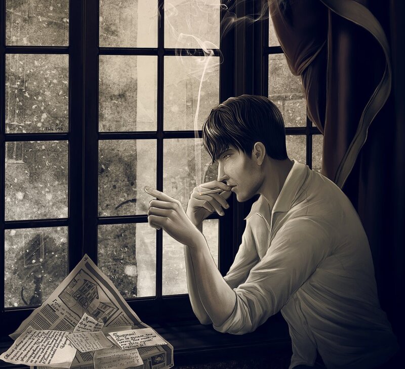 man smoking by window