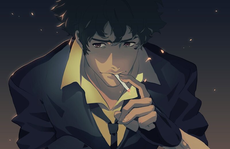 Man Smoking Cigarette — Black, Dramatic, Night, Anime