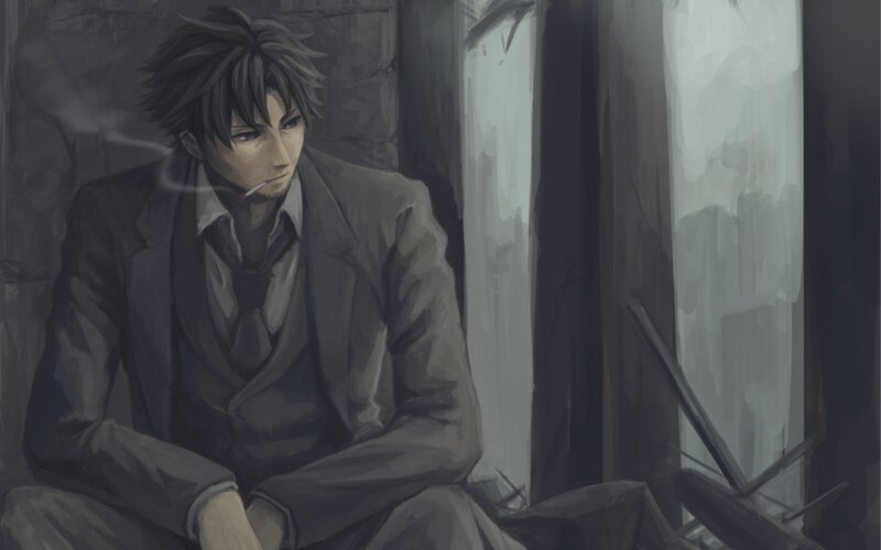 man smoking in a ruined room