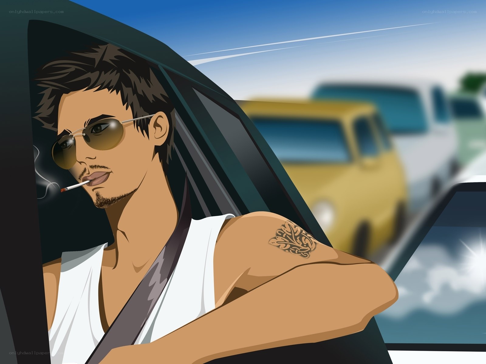 man smoking in car