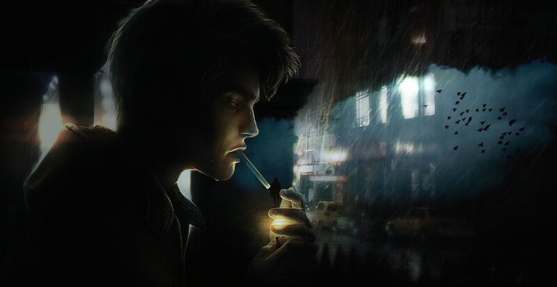 Man Smoking in Rain