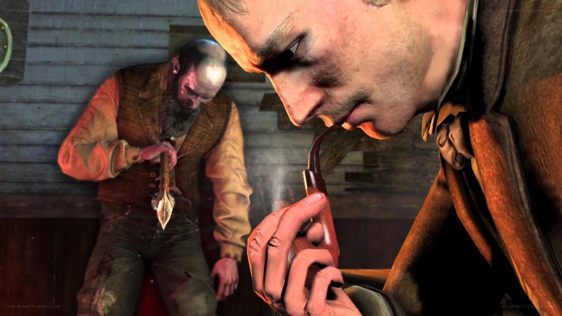 man smoking pipe in tavern