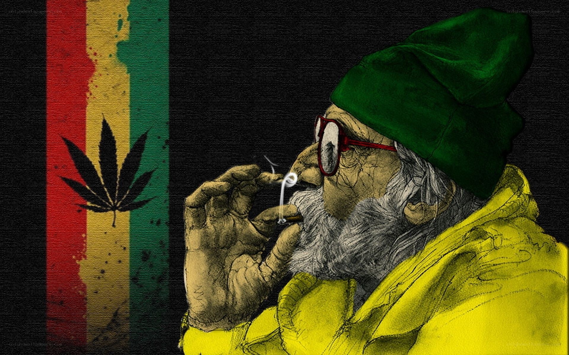 man smoking with rasta flag