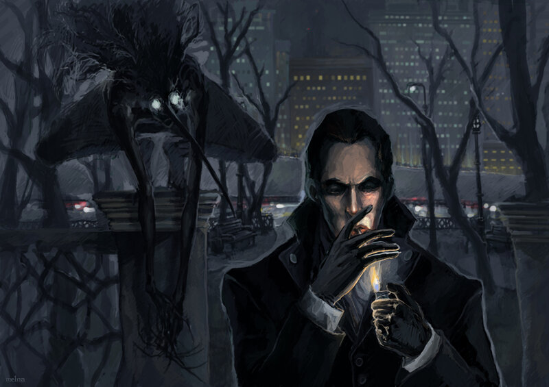 man smoking with shadow creature