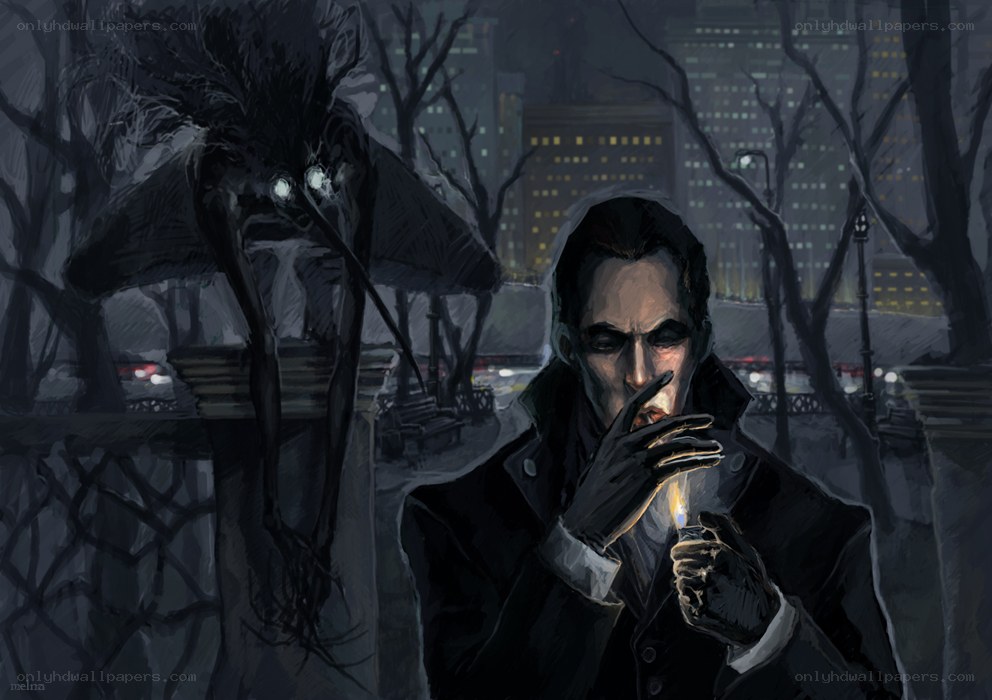 man smoking with shadow creature