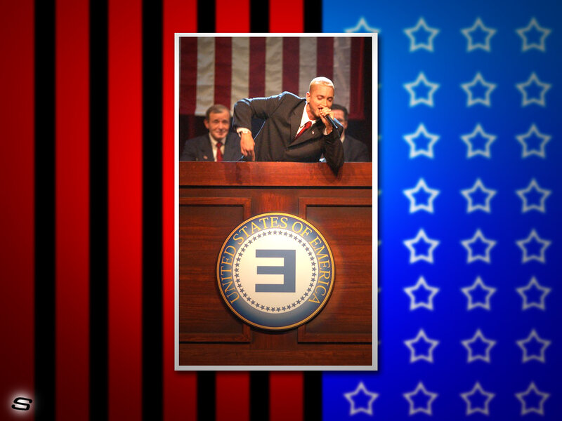 Man speaking at podium with altered seal