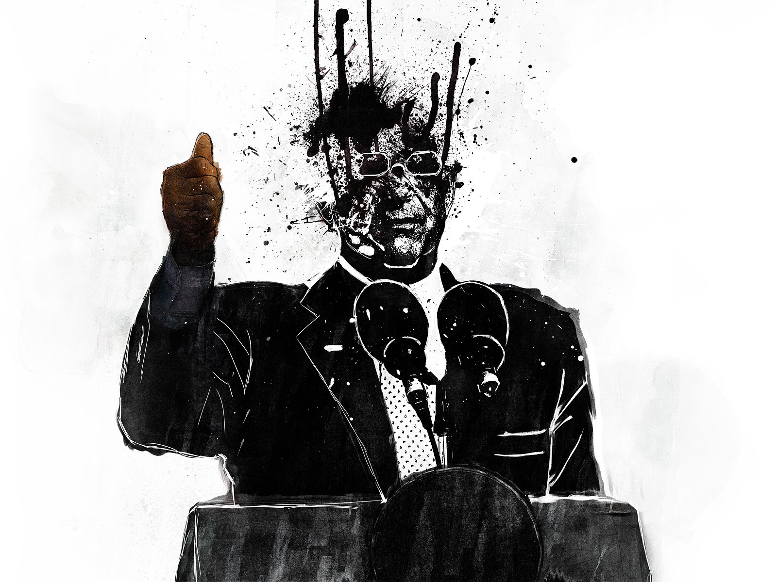 Man speaking at podium with ink splatters