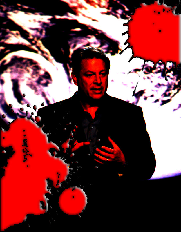 man speaking with red splatters
