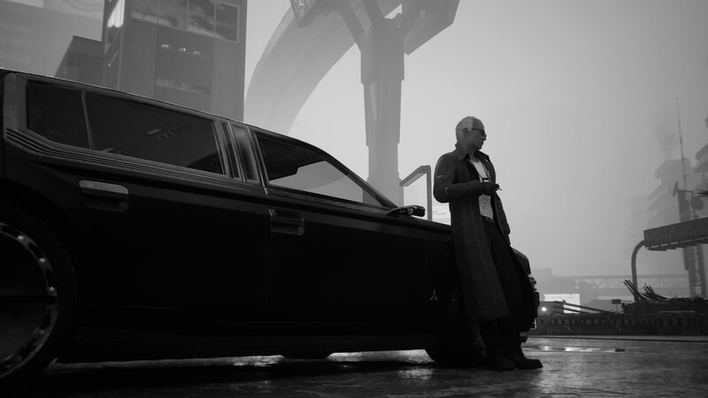 Man Standing by Car — Black, Dramatic, 3d Render
