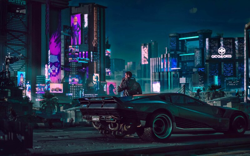 Man Standing by Car — Blue, Dramatic, Night