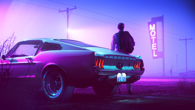 Man Standing by Car — Purple, Atmospheric